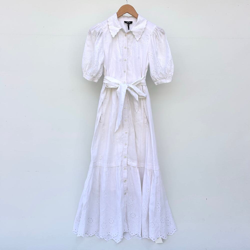 ME+EM Broderie Anglaise White Maxi Belted Puff Sleeve Dress Lace Cottage 0 - Picture 2 of 11